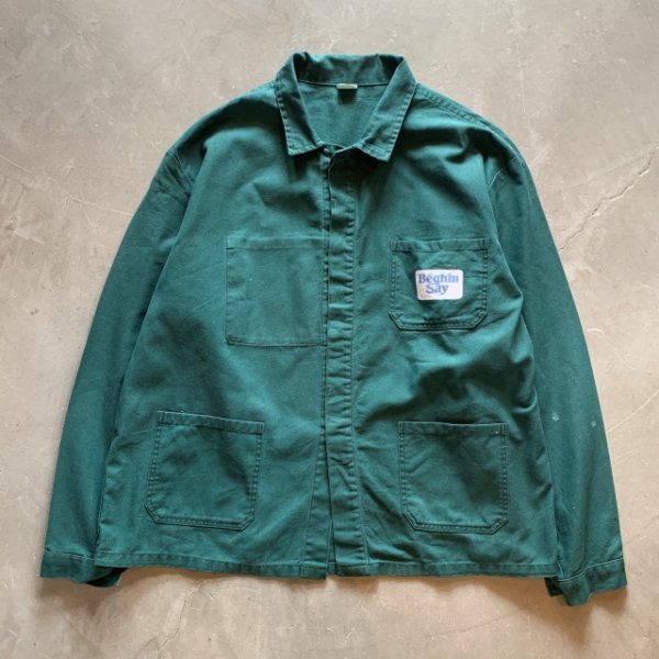 画像1: 【XL/XXL】フランス ユーロワーク ジャケット カバーオール グリーン 緑■ビンテージ オールド ヨーロッパ古着 コットンツイル フレンチ (1)