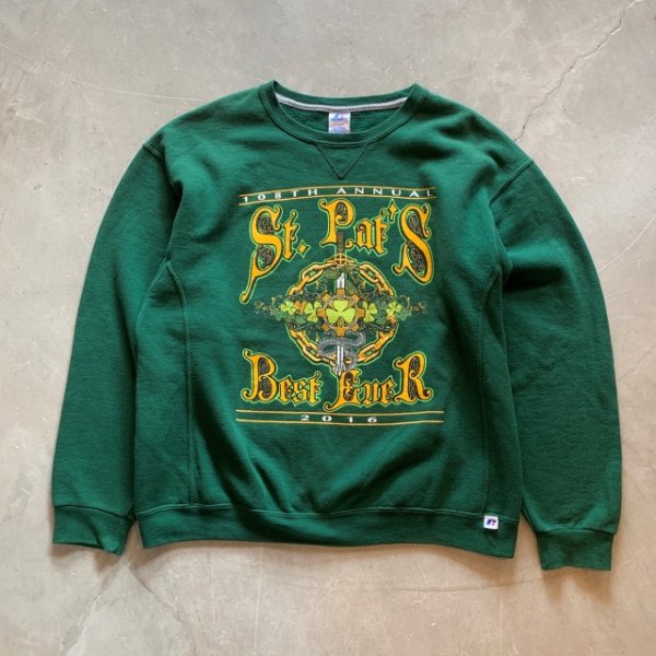 画像1: 【L/XL】2010s RUSSELL アイリッシュ プリントスウェット グリーン 緑■アメリカ古着 トレーナー リバースタイプ (1)