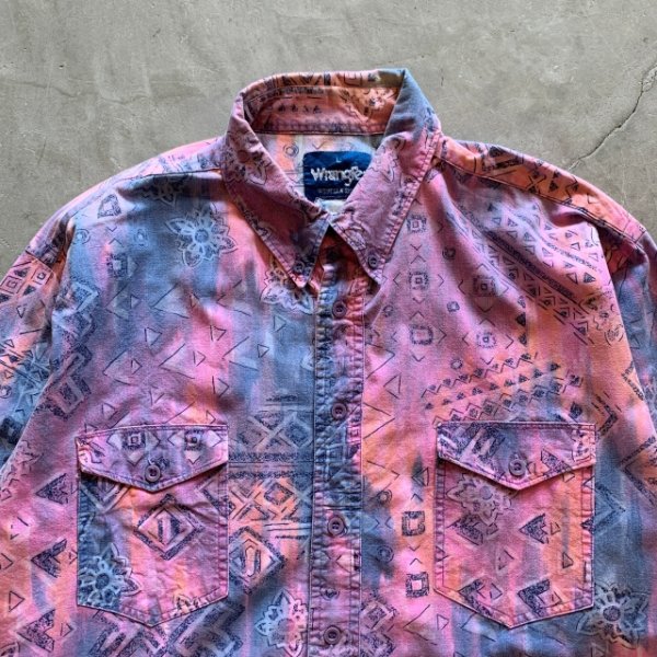 画像2: 【L/XL】Wrangler プリント 長袖シャツ ピンク×ブルー 総柄■ビンテージ オールド レトロ アメリカ古着 ラングラー 90s-2000s (2)
