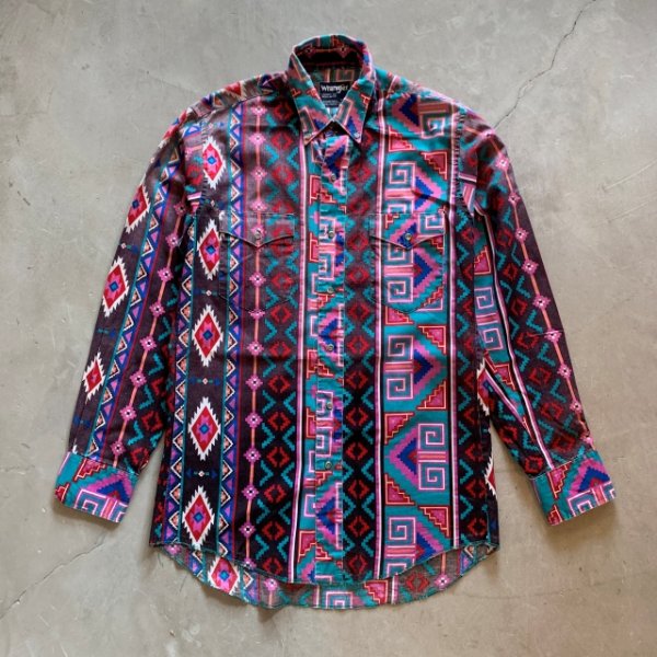 画像1: 【S/M】Wrangler ネイティブ柄 プリント 長袖シャツ 総柄■ビンテージ オールド レトロ アメリカ古着 ラングラー 80s-90s (1)