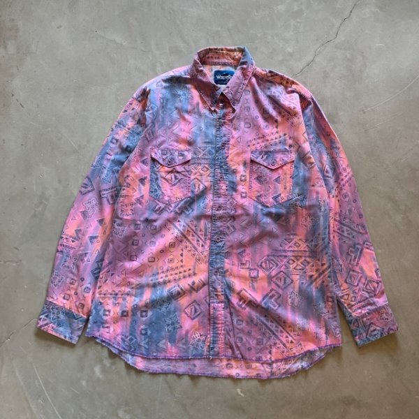 画像1: 【L/XL】Wrangler プリント 長袖シャツ ピンク×ブルー 総柄■ビンテージ オールド レトロ アメリカ古着 ラングラー 90s-2000s (1)
