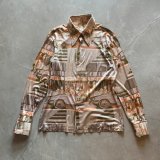 画像: 【S/M】ボロ 70s CAFE DE ELORE 長袖ポリエステルシャツ ピクチャー柄 総柄■ビンテージ オールド レトロ アメリカ古着 ポリシャツ アート