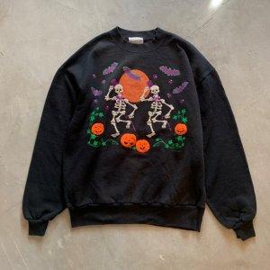 画像: 【L】90s USA製 PegiGoff ハロウィン スカルボーン×カボチャ 発砲プリントスウェット 黒■ビンテージ オールド アメリカ古着 トレーナー