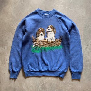 画像: 【S/M】80s USA製 フルーツオブザルーム 子犬 プリントスウェット ブルー 青■ビンテージ オールド レトロ アメリカ古着 動物