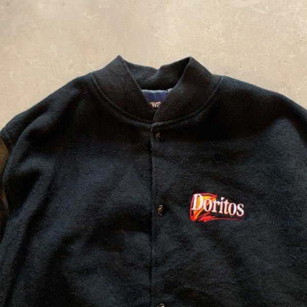 画像2: 【XL】90s USA製 HOLLOWAY Doritos 袖革×ウールスタジャン ジャケット ブラック 黒■ビンテージ オールド アメリカ古着 企業 ホロウェイ (2)