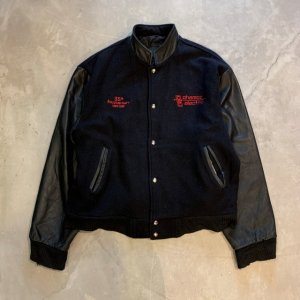 画像: 【XL】90s Comfort Zone Clothing 袖革×ウールスタジャン ジャケット ブラック 黒■ビンテージ オールド アメリカ古着 USA製 企業 刺繍