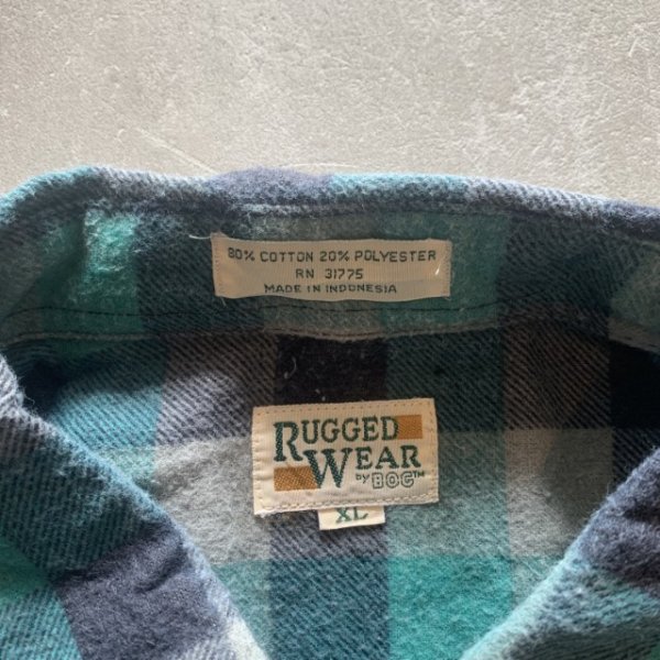 画像3: 【XL】RUGGED WEAR 長袖プリントネルシャツ 青緑チェック■ビンテージ オールド レトロ アメリカ古着 90s ライトネル (3)