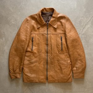 画像: 【M】70s-80s UNKNOWN ジップアップ レザージャケット ブラウン 茶系■ビンテージ オールド レトロ アメリカ古着 革ジャン ハーフ丈