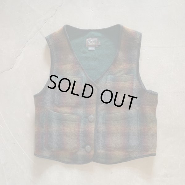 画像1: 【Ladies】USA製 Woolrich ウールベスト 緑×茶系チェック オンブレ■ビンテージ オールド アメリカ古着 90s ウールリッチ レディース (1)