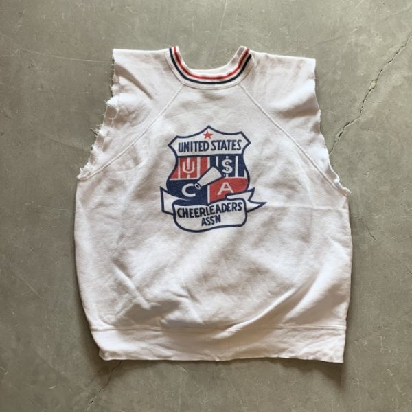 画像1: 【L】70s Champion 染み込みプリント カットオフスウェット 白■ビンテージ オールド アメリカ古着 チャンピオン バータグ トレーナー (1)