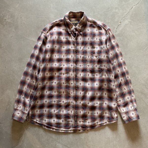 画像1: 【M/L】Woolrich 長袖ネルシャツ ベージュチェック×総柄■ビンテージ オールド レトロ アメリカ古着 ウールリッチ 90s-2000s (1)