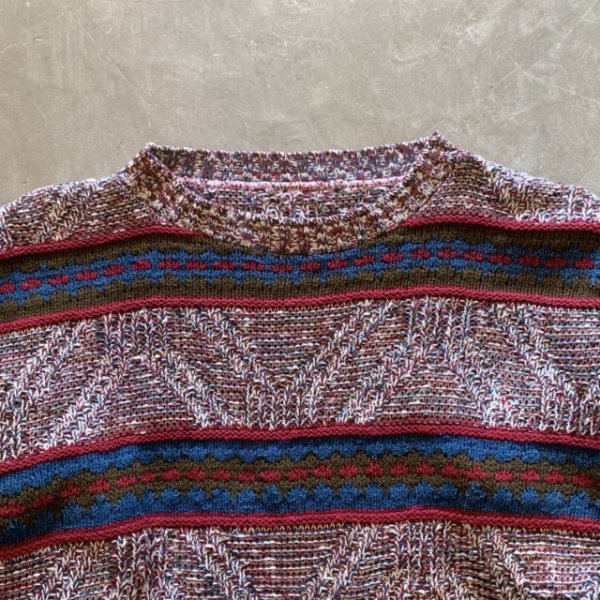 画像2: 【L/XL】UNKNOWN コットンニット セーター ボーダー ミックス■ビンテージ オールド レトロ アメリカ古着 80s-90s (2)