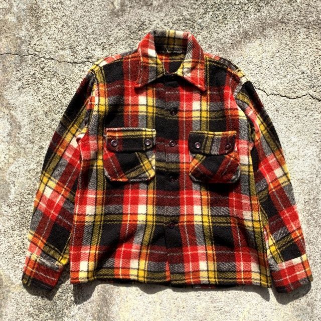 S/M】UNKNOWN ウールシャツ ジャケット 赤黒黄 チェック□ビンテージ