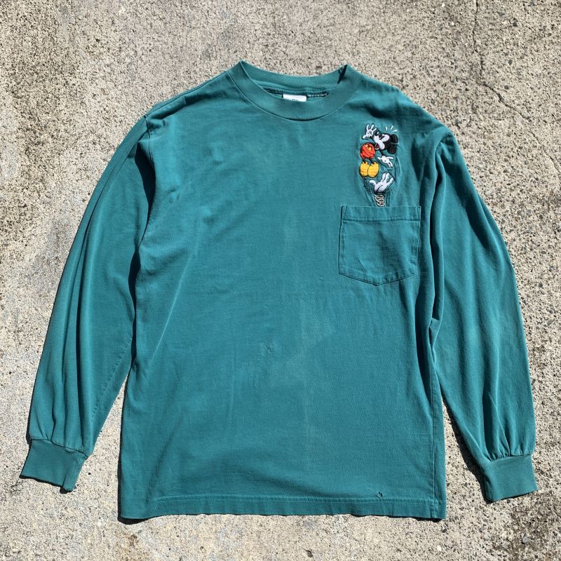 S/M】90s DISNEY ミッキーマウス刺繍 長袖Tシャツ 青緑□ビンテージ